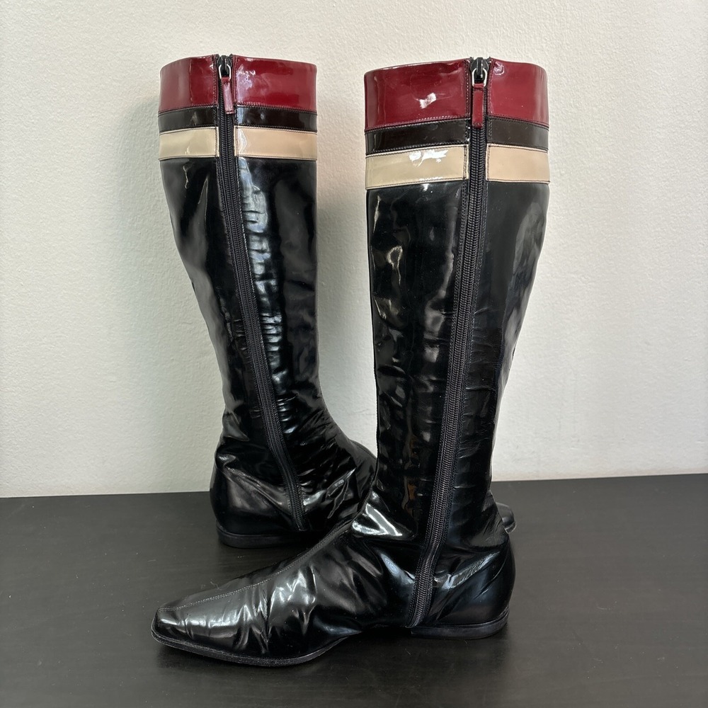 Burberry Red Black Patent Leather Pointed-Toe Knee-High Riding Boots Womens 37.5 - Picture 7 of 16